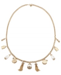 Simply charming. Carolee's trendy and tasteful long necklace is adorned by glass pearls and tassel charms. Set in antique gold tone mixed metal. Approximate length: 34 inches. Approximate drop: 1-1/4 inches.