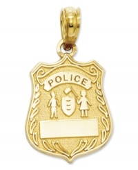 Honor those who serve and protect. This polished 14k gold charm features a police badge with engraving. Chain not included. Approximate length: 4/5 inch. Approximate width: 1/2 inch. Honor those who serve and protect. This polished 14k gold charm features a police badge with engraving. Chain not included. Approximate length: 4/5 inch. Approximate width: 1/2 inch.