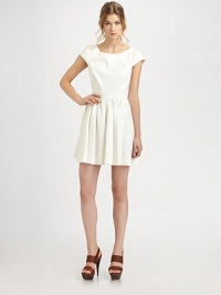 Light cotton jacquard, top-fitted with a full pleated skirt and skin-baring open back.BoatneckPleated cap sleevesBodice dartsWide waistbandCenter back zipperAbout 17 from natural waist66% cotton/34% nylonDry cleanImportedModel shown is 5'9½ (175cm) wearing US size 4. Light cotton jacquard, top-fitted with a full pleated skirt and skin-baring open back.BoatneckPleated cap sleevesBodice dartsWide waistbandCenter back zipperAbout 17 from natural waist66% cotton/34% nylonDry cleanImportedModel shown is 5'9½ (175cm) wearing US size 4.