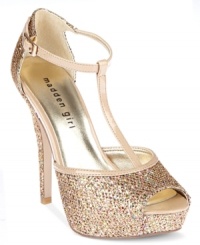 Put some sparkle in your step with the Jennaah t-strap platform sandals from Madden Girl. The wrap-around ankle strap and T-strap add even more ladylike charm to the silhouette. Put some sparkle in your step with the Jennaah t-strap platform sandals from Madden Girl. The wrap-around ankle strap and T-strap add even more ladylike charm to the silhouette.