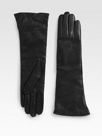 EXCLUSIVELY OURS. Luxurious cashmere-lined leather in a longer length for added warmth. About 14 long Dry clean by leather specialist Made in Italy EXCLUSIVELY OURS. Luxurious cashmere-lined leather in a longer length for added warmth. About 14 long Dry clean by leather specialist Made in Italy