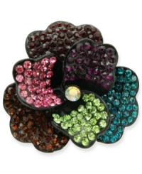 A rainbow of petals. This stretch ring from GUESS boasts an array of colorful stones -- in amethyst, rose and peridot. Crafted in jet-plated mixed metal. Ring stretches to fit finger. A rainbow of petals. This stretch ring from GUESS boasts an array of colorful stones -- in amethyst, rose and peridot. Crafted in jet-plated mixed metal. Ring stretches to fit finger.