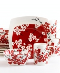Bold red and white cherry blossoms bloom on a casual set for warm, contemporary decor. From 222 Fifth dinnerware, these dishes feature minimalist square shapes and contrasting vibrant florals. This fine china has a look that's forever in season. Bold red and white cherry blossoms bloom on a casual set for warm, contemporary decor. From 222 Fifth dinnerware, these dishes feature minimalist square shapes and contrasting vibrant florals. This fine china has a look that's forever in season.