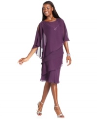 SL Fashions' tiered dress is elevated by a beautifully beaded sheer cape. SL Fashions' tiered dress is elevated by a beautifully beaded sheer cape.