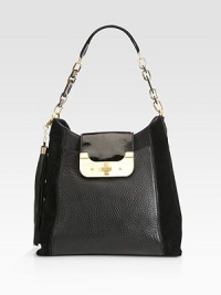 A slouchy design mixing pebble-grain leather with touchable suede and shiny patent accents for an upgraded level of chic. Leather and chain shoulder strap, 8¾ dropTurn-lock on patent leather flap closureTwo outside open pocketsOne inside zip pocketThree inside open pocketsFully lined13W X 12½H X 3¼DImported A slouchy design mixing pebble-grain leather with touchable suede and shiny patent accents for an upgraded level of chic. Leather and chain shoulder strap, 8¾ dropTurn-lock on patent leather flap closureTwo outside open pocketsOne inside zip pocketThree inside open pocketsFully lined13W X 12½H X 3¼DImported