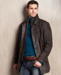 Freshen up your everyday look with this modern, midlength leather coat from Marc New York. Freshen up your everyday look with this modern, midlength leather coat from Marc New York.