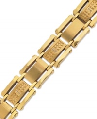 Winning shine. This sophisticated men's bracelet features a stainless steel and yellow ion-plated setting with rows of single-cut diamonds (1/10 ct. t.w.). Approximate length: 8-1/2 inches. Winning shine. This sophisticated men's bracelet features a stainless steel and yellow ion-plated setting with rows of single-cut diamonds (1/10 ct. t.w.). Approximate length: 8-1/2 inches.