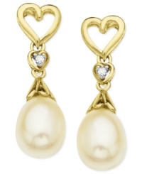 The look of love. A heart-shaped design, along with cultured freshwater pearls (6-8 mm) and diamond accents, helps make these earrings a pair to embrace. Crafted from 10k gold. Approximate drop: 3/4 inch. The look of love. A heart-shaped design, along with cultured freshwater pearls (6-8 mm) and diamond accents, helps make these earrings a pair to embrace. Crafted from 10k gold. Approximate drop: 3/4 inch.