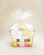 Lots and lots of little quackers appear all over this set of great essentials for baby. Packaged in reusable cellophane-wrapped metal and vinyl basket.