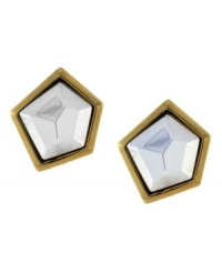 These chic, pentagon-shaped studs add shapely elegance to your look. Vince Camuto's earrings feature a rhodium-plated center, crafted in gold tone mixed metal. Approximate diameter: 1/2 inch. These chic, pentagon-shaped studs add shapely elegance to your look. Vince Camuto's earrings feature a rhodium-plated center, crafted in gold tone mixed metal. Approximate diameter: 1/2 inch.