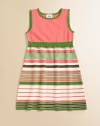 A sweet and colorful design with multi-colored stripes and a ribbed waistband. Scoop neckSleevelessPull-on styleRibbed waistbandA-line skirt72% viscose/28% elastaneDry cleanImported Additional InformationKid's Apparel Size Guide 