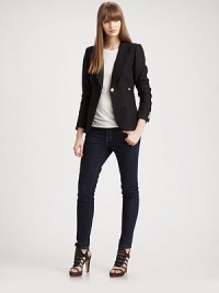 The classic single-button blazer, slim-fit and updated with a cut-away center back vent.Notch collarChest pocketPrincess seamsWelt pocketsAbout 24 from shoulder to hemLinenDry cleanImportedModel shown is 5'10 (176cm) wearing US size 4. The classic single-button blazer, slim-fit and updated with a cut-away center back vent.Notch collarChest pocketPrincess seamsWelt pocketsAbout 24 from shoulder to hemLinenDry cleanImportedModel shown is 5'10 (176cm) wearing US size 4.