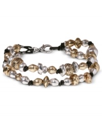 Golden and silvery tones add style to this retro beaded bracelet from Lucky Brand. Crafted in silver tone and gold tone mixed metal with a leather cord. Approximate length: 7-5/8 inches. Golden and silvery tones add style to this retro beaded bracelet from Lucky Brand. Crafted in silver tone and gold tone mixed metal with a leather cord. Approximate length: 7-5/8 inches.