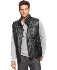 A down vest that is neither puffer nor preppie: Black, three-pocket zip-up vest with vertical channel quilting from Marc Ecko Cut & Sew. A down vest that is neither puffer nor preppie: Black, three-pocket zip-up vest with vertical channel quilting from Marc Ecko Cut & Sew.