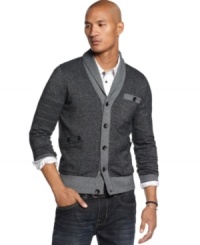 With a handsome shawl collar and stylish contrast color details, this Marc Ecko Cut & Sew sweater gives grandpa's cardigan a modern makeover. With a handsome shawl collar and stylish contrast color details, this Marc Ecko Cut & Sew sweater gives grandpa's cardigan a modern makeover.