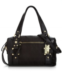 Add some signature style to your everyday ensemble with this logo design satchel from Marc Fisher. Outfitted with eye-catching MF monogram and luxe golden hardware, this piece is the perfect addition to your accessories wardrobe.