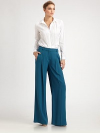 This flowy wide-legged style features flattering front pleats.Self waistband with belt loopsZip fly with hook-and-eye closureFront pleatsBack waistband notchBack welt pocketsInseam, about 34½57% acetate/43% viscoseDry cleanMade in Italy of imported fabric Model shown is 5'11 (180cm) wearing US size 4.OUR FIT MODEL RECOMMENDS ordering true size. This flowy wide-legged style features flattering front pleats.Self waistband with belt loopsZip fly with hook-and-eye closureFront pleatsBack waistband notchBack welt pocketsInseam, about 34½57% acetate/43% viscoseDry cleanMade in Italy of imported fabric Model shown is 5'11 (180cm) wearing US size 4.OUR FIT MODEL RECOMMENDS ordering true size.