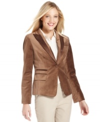 Go luxe in Jones New York's tuxedo-inspired velvet and satin blazer. It's a perfect piece for dressing up your look this holiday season. Go luxe in Jones New York's tuxedo-inspired velvet and satin blazer. It's a perfect piece for dressing up your look this holiday season.