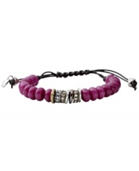 Wrap your wrist in berry-colored jade. The colorful stones on this Fossil bracelet are accented by clear crystal pave. An adjustable chocolate brown leather cord holds it all together. Set in silver tone mixed metal. Approximate diameter: 2-1/2 inches. Wrap your wrist in berry-colored jade. The colorful stones on this Fossil bracelet are accented by clear crystal pave. An adjustable chocolate brown leather cord holds it all together. Set in silver tone mixed metal. Approximate diameter: 2-1/2 inches.
