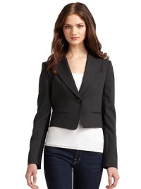 THE LOOKPeaked collarOne-button frontChest besom pocketDual front welt pocketsCurved seam details at hemLong sleeves with zip cuffs and contrast knit insetsGeometric seam details at backShorter back hemTHE FITAbout 17 from shoulder to hemTHE MATERIAL58% viscose/40% wool/2% spandexContrast :65% rayon/30% nylon/5% spandexFully linedCARE & ORIGINDry cleanImportedModel shown is 5'10 (177cm) wearing US size Small. THE LOOKPeaked collarOne-button frontChest besom pocketDual front welt pocketsCurved seam details at hemLong sleeves with zip cuffs and contrast knit insetsGeometric seam details at backShorter back hemTHE FITAbout 17 from shoulder to hemTHE MATERIAL58% viscose/40% wool/2% spandexContrast :65% rayon/30% nylon/5% spandexFully linedCARE & ORIGINDry cleanImportedModel shown is 5'10 (177cm) wearing US size Small.