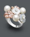Catch the bouquet every time in this whimsical ring. Pretty pink and white mother of pearl (10-12 mm) and cultured freshwater pearls (7-1/2-8 mm) combine to form a truly feminine look. Crafted in sterling silver. Size 7.