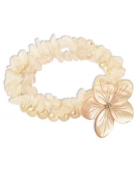 Prim petals. This pretty stretch bracelet combines three strands of pink cultured freshwater pearls (6-7 mm), pink shells and rose quartz (97-3/4 ct. t.w.) with a sweet flower accent. Set in sterling silver. Approximate length: 7-1/2 inches. Approximate diameter: 2 inches. Prim petals. This pretty stretch bracelet combines three strands of pink cultured freshwater pearls (6-7 mm), pink shells and rose quartz (97-3/4 ct. t.w.) with a sweet flower accent. Set in sterling silver. Approximate length: 7-1/2 inches. Approximate diameter: 2 inches.