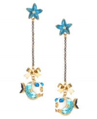 Enchantment under the sea. Betsey Johnson's mismatch earrings feature turquoise starfish with gold tone details and crystal accents, gold tone bows and blue fish with gold tone details and crystal accents. Crafted in gold-plated mixed metal. Approximate drop: 3-1/4 inches. Enchantment under the sea. Betsey Johnson's mismatch earrings feature turquoise starfish with gold tone details and crystal accents, gold tone bows and blue fish with gold tone details and crystal accents. Crafted in gold-plated mixed metal. Approximate drop: 3-1/4 inches.