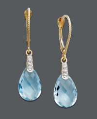 Add perfect pools of blue to your ensemble. Earrings feature pear-cut blue topaz (7 ct. t.w.) with a light dusting of diamond accents. Set in 14k gold. Approximate drop: 1-1/4 inches. Add perfect pools of blue to your ensemble. Earrings feature pear-cut blue topaz (7 ct. t.w.) with a light dusting of diamond accents. Set in 14k gold. Approximate drop: 1-1/4 inches.
