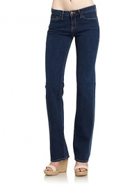 THE LOOKSoft, stretch cotton denimMid-width waistband with belt loops and logo button closureFront zipperFive-pocket styleStraight legLogo detail at back waistbandTHE FITRise, about 9Inseam, about 33THE MATERIAL96% cotton/4% spandexCARE & ORIGINMachine washMade in USA THE LOOKSoft, stretch cotton denimMid-width waistband with belt loops and logo button closureFront zipperFive-pocket styleStraight legLogo detail at back waistbandTHE FITRise, about 9Inseam, about 33THE MATERIAL96% cotton/4% spandexCARE & ORIGINMachine washMade in USA
