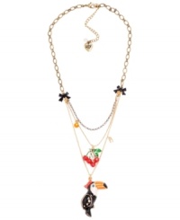 Yes, you can accessorize with a toucan! Betsey Johnson's antique gold tone mixed metal three-row necklace features a brilliant black, orange, and white toucan with gold-tone details and crystal accents, red cherries, and small crystal accents. Approximate length: 16 inches + 3-inch extender. Approximate drop: 4 inches. Yes, you can accessorize with a toucan! Betsey Johnson's antique gold tone mixed metal three-row necklace features a brilliant black, orange, and white toucan with gold-tone details and crystal accents, red cherries, and small crystal accents. Approximate length: 16 inches + 3-inch extender. Approximate drop: 4 inches.