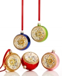 All kinds of dazzling. Already-brilliant ball ornaments are halved and filled with shimmering reflectors to set your tree aglow. Featuring five assorted colors with glitter trim from Martha Stewart Collection. All kinds of dazzling. Already-brilliant ball ornaments are halved and filled with shimmering reflectors to set your tree aglow. Featuring five assorted colors with glitter trim from Martha Stewart Collection.