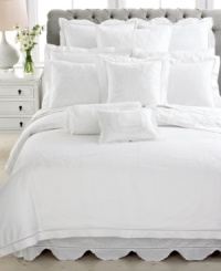 A dream sequence! This Martha Stewart Collection Trousseau Ivy bedskirt exudes understated elegance in every way. A white landscape is the backdrop of muted print patterns, while scalloped edges add the perfect finishing touch. A dream sequence! This Martha Stewart Collection Trousseau Ivy bedskirt exudes understated elegance in every way. A white landscape is the backdrop of muted print patterns, while scalloped edges add the perfect finishing touch.