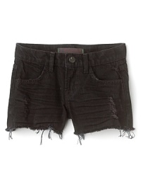 Distressed, cutoff-style shorts with raw hem. Distressed, cutoff-style shorts with raw hem.