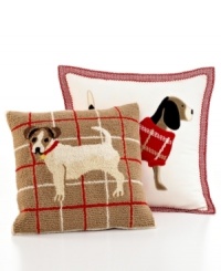 A playful pup offers a whimsical look for your space in this Martha Stewart Collection Dogs decorative pillow, featuring tufted details for rich texture and a festive grid pattern background. A playful pup offers a whimsical look for your space in this Martha Stewart Collection Dogs decorative pillow, featuring tufted details for rich texture and a festive grid pattern background.