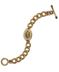 Make a name for yourself with this ID bracelet from Juicy Couture. Crafted from gold tone brass, zinc and stainless steel, the toggle bracelet features glass accents and cubic zirconia (1/2 ct. t.w.) for a hip effect. Approximate length: 6 inches. Make a name for yourself with this ID bracelet from Juicy Couture. Crafted from gold tone brass, zinc and stainless steel, the toggle bracelet features glass accents and cubic zirconia (1/2 ct. t.w.) for a hip effect. Approximate length: 6 inches.