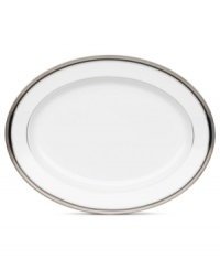 An instant classic, the Austin Platinum oval platter from Noritake layers ribbons of black, patterned platinum bands and shimmering dots in white fine china. An instant classic, the Austin Platinum oval platter from Noritake layers ribbons of black, patterned platinum bands and shimmering dots in white fine china.