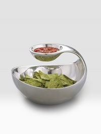 A small bowl fit for salsa, dips or nuts hovers over the larger bowl via a graceful arc in a wholly original conversation piece crafted in two tiers of gleaming metal alloy. Metal 8H X 11 diam. Imported A small bowl fit for salsa, dips or nuts hovers over the larger bowl via a graceful arc in a wholly original conversation piece crafted in two tiers of gleaming metal alloy. Metal 8H X 11 diam. Imported