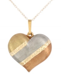 Show her you care, three times over! This lovely tri-color puffed heart pendant features a 14k white gold, 14k gold and 14k rose gold setting with a chic, satin finish. Approximate length: 18 inches. Approximate drop length: 1-1/8 inches. Approximate drop width: 9/10 inch. Show her you care, three times over! This lovely tri-color puffed heart pendant features a 14k white gold, 14k gold and 14k rose gold setting with a chic, satin finish. Approximate length: 18 inches. Approximate drop length: 1-1/8 inches. Approximate drop width: 9/10 inch.
