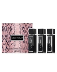 A trio of three Jimmy Choo purse sprays filled with the glamorous and sensual fragrance of Jimmy Choo Eau de Parfum. Small and practical, the perfect accessory for the modern women on-the-go!