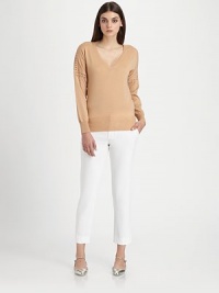 Finespun merino wool, in a classic pullover style accented with sweet, open-weave eyelet details.Rib-knit V necklineOpen-weave eyelet stitchingLong sleevesRib-knit cuffs and hemMerino woolDry cleanImportedModel shown is 5'11 (180cm) wearing US size Small. Finespun merino wool, in a classic pullover style accented with sweet, open-weave eyelet details.Rib-knit V necklineOpen-weave eyelet stitchingLong sleevesRib-knit cuffs and hemMerino woolDry cleanImportedModel shown is 5'11 (180cm) wearing US size Small.