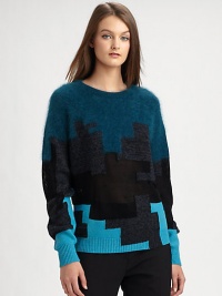 Mesh paneling and a graphic, colorblocked pattern modernize this plush sweater. RoundneckLong sleevesRibbed cuffs and hem37% wool/30% viscose/23% angora/10% polyamideDry cleanImportedModel shown is 5'10 (177cm) wearing US size Small. Mesh paneling and a graphic, colorblocked pattern modernize this plush sweater. RoundneckLong sleevesRibbed cuffs and hem37% wool/30% viscose/23% angora/10% polyamideDry cleanImportedModel shown is 5'10 (177cm) wearing US size Small.