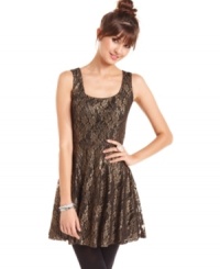 Let your star shine! BeBop's sleeveless skater dress features metallic lace fabric for party-ready style. Let your star shine! BeBop's sleeveless skater dress features metallic lace fabric for party-ready style.