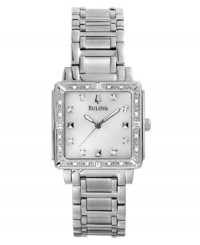 Dazzling detail dresses up this elegant watch by Bulova. Stainless steel bracelet and square case. Diamond accents at bezel. White mother-of-pearl dial with diamond-accent markers and logo. Quartz movement. Water resistant to 30 meters. Three-year limited warranty. Dazzling detail dresses up this elegant watch by Bulova. Stainless steel bracelet and square case. Diamond accents at bezel. White mother-of-pearl dial with diamond-accent markers and logo. Quartz movement. Water resistant to 30 meters. Three-year limited warranty.
