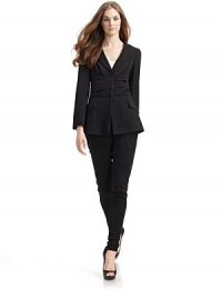 THE LOOKPeaked lapelConcealed button front with hook-and-eyeLong sleeves with three-button cuffsSingle welt pocket at chestRuched waistDual flap pocketsTHE FITAbout 26½ from shoulder to hemTHE MATERIAL64% triacetate/36% polyesterFully linedCARE & ORIGINDry cleanMade in Italy THE LOOKPeaked lapelConcealed button front with hook-and-eyeLong sleeves with three-button cuffsSingle welt pocket at chestRuched waistDual flap pocketsTHE FITAbout 26½ from shoulder to hemTHE MATERIAL64% triacetate/36% polyesterFully linedCARE & ORIGINDry cleanMade in Italy