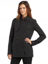 THE LOOKDouble stand collarSingle gun flapLong sleevesDouble breasted button frontSingle welt pocket at chestTHE FITAbout 28½ from shoulder to hemTHE MATERIALWoolFully linedCARE & ORIGINDry cleanImported THE LOOKDouble stand collarSingle gun flapLong sleevesDouble breasted button frontSingle welt pocket at chestTHE FITAbout 28½ from shoulder to hemTHE MATERIALWoolFully linedCARE & ORIGINDry cleanImported