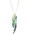 Fine-feathered fashion. RACHEL Rachel Roy's vivacious pendant is a fashionista's dream, with a trendy long chain and bright blue and green glass accents. Set in gold tone mixed metal. Approximate length: 30 inches. Approximate drop: 3-1/2 inches.