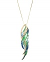 Fine-feathered fashion. RACHEL Rachel Roy's vivacious pendant is a fashionista's dream, with a trendy long chain and bright blue and green glass accents. Set in gold tone mixed metal. Approximate length: 30 inches. Approximate drop: 3-1/2 inches.