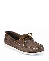 A classic boat shoe from Sperry Top-Sider, rendered in woven leather. A classic boat shoe from Sperry Top-Sider, rendered in woven leather.