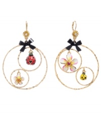 Get down with your inner flower child in Betsey Johnson's flirty gypsy hoop earrings. Each delicate hoop features a colorful ladybug and a petite flower charm. Crafted in gold-plated mixed metal with yellow, pink, white, and black enamel accents and tiny black ribbons. Approximate drop: 3 inches. Get down with your inner flower child in Betsey Johnson's flirty gypsy hoop earrings. Each delicate hoop features a colorful ladybug and a petite flower charm. Crafted in gold-plated mixed metal with yellow, pink, white, and black enamel accents and tiny black ribbons. Approximate drop: 3 inches.