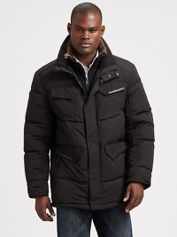 A mid-length, versatile nylon outerwear look designed to transition easily from fall to winter featuring a removable wool-blend bib with collar trimmed with genuine dyed rabbit-fur.Zip frontStand collarChest, waist flap pocketsAbout 32 from shoulder to hemDown fillBib: Wool/polyester/rayon/acrylic/nylonPolyesterDry cleanImportedFur origin: China A mid-length, versatile nylon outerwear look designed to transition easily from fall to winter featuring a removable wool-blend bib with collar trimmed with genuine dyed rabbit-fur.Zip frontStand collarChest, waist flap pocketsAbout 32 from shoulder to hemDown fillBib: Wool/polyester/rayon/acrylic/nylonPolyesterDry cleanImportedFur origin: China